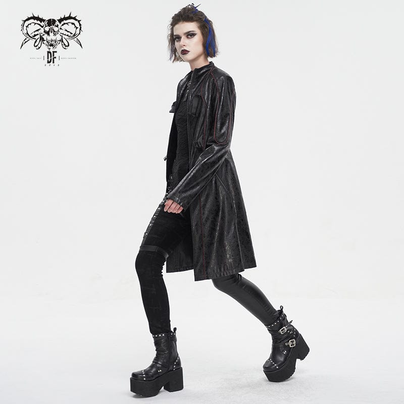 DEVIL FASHION Women's Punk Double-buckle Faux Leather Coat Black