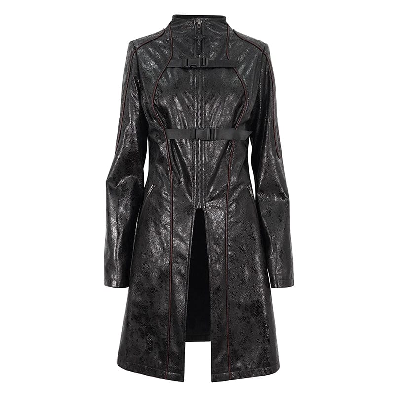 DEVIL FASHION Women's Punk Double-buckle Faux Leather Coat Black