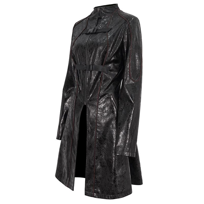 DEVIL FASHION Women's Punk Double-buckle Faux Leather Coat Black