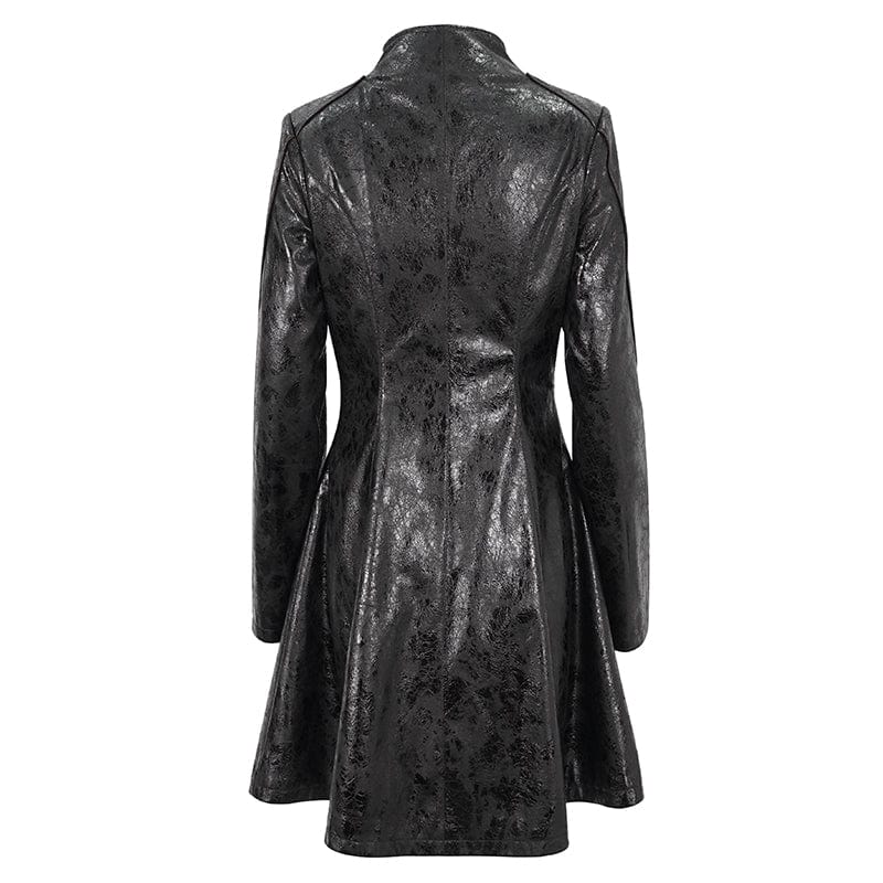 DEVIL FASHION Women's Punk Double-buckle Faux Leather Coat Black