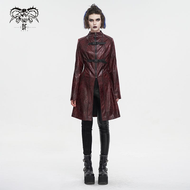 DEVIL FASHION Women's Punk Double-buckle Faux Leather Coat Red