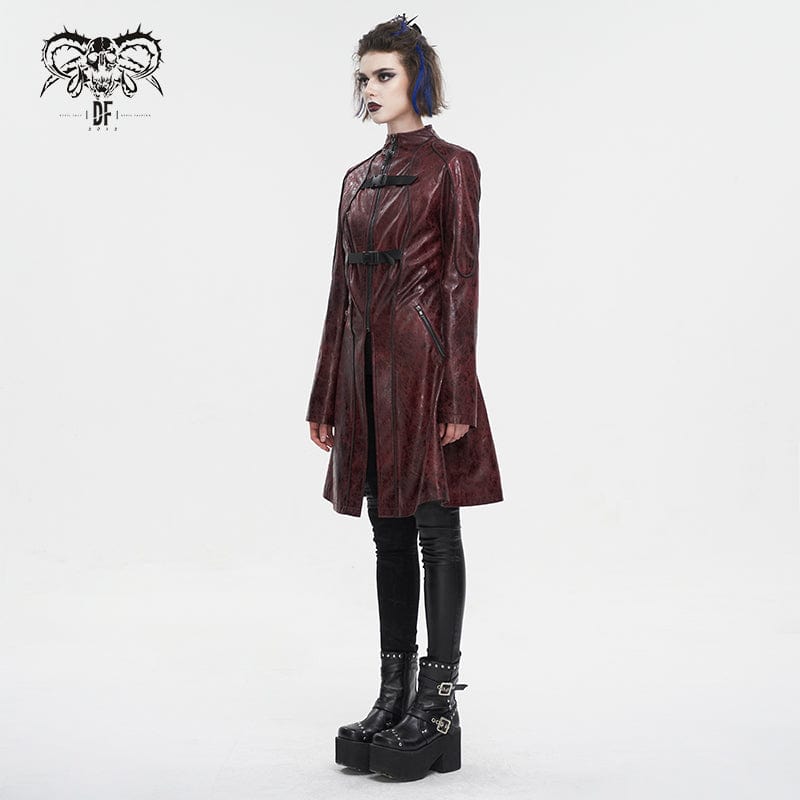 DEVIL FASHION Women's Punk Double-buckle Faux Leather Coat Red