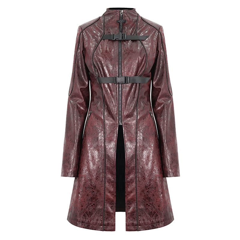 DEVIL FASHION Women's Punk Double-buckle Faux Leather Coat Red