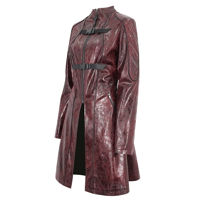 DEVIL FASHION Women's Punk Double-buckle Faux Leather Coat Red