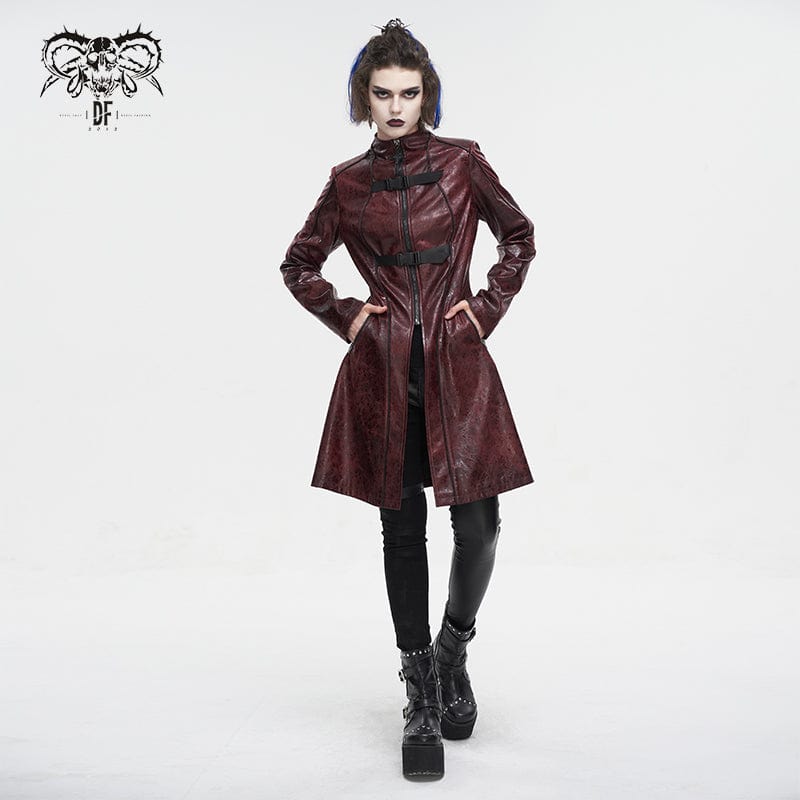 DEVIL FASHION Women's Punk Double-buckle Faux Leather Coat Red