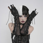 DEVIL FASHION Women's Punk Drawstring Mesh Fingerless Gloves