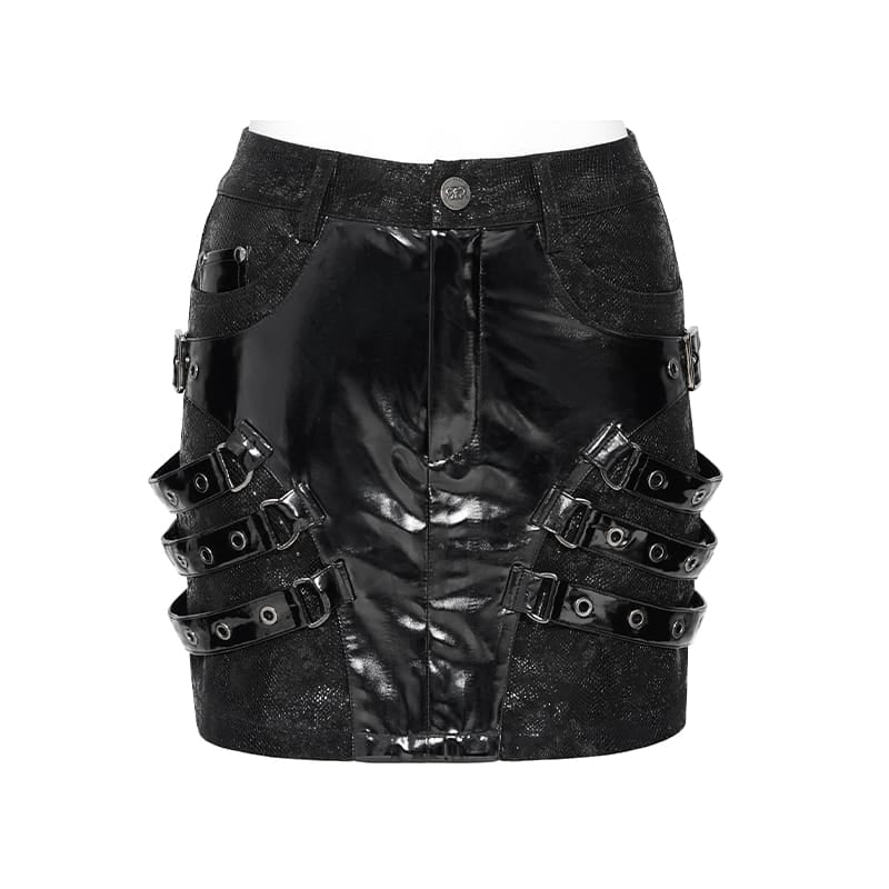 DEVIL FASHION Women's Punk Eyelet Buckle Straps Short Skirt