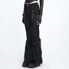 DEVIL FASHION Women's Punk Eyelets Chains Faux Fur Splice Flare Pants