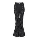 DEVIL FASHION Women's Punk Eyelets Chains Faux Fur Splice Flare Pants
