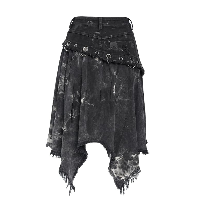 DEVIL FASHION Women's Punk Eyelets Rings Raw Edge Irregular Hem Skirt
