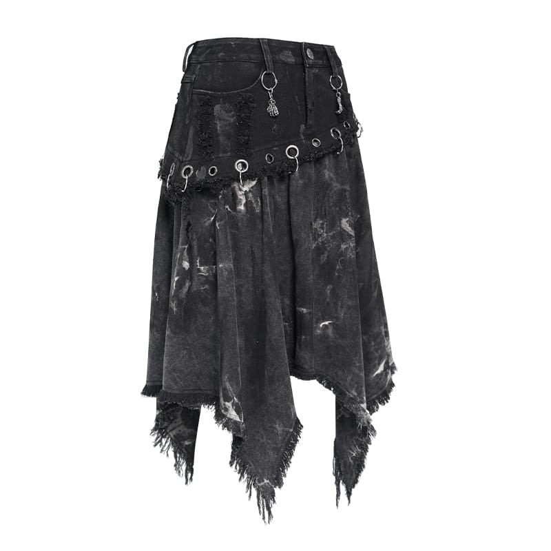 DEVIL FASHION Women's Punk Eyelets Rings Raw Edge Irregular Hem Skirt