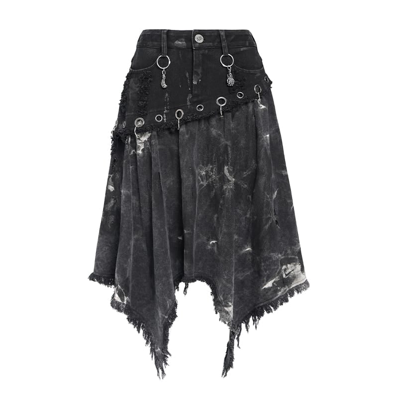 DEVIL FASHION Women's Punk Eyelets Rings Raw Edge Irregular Hem Skirt