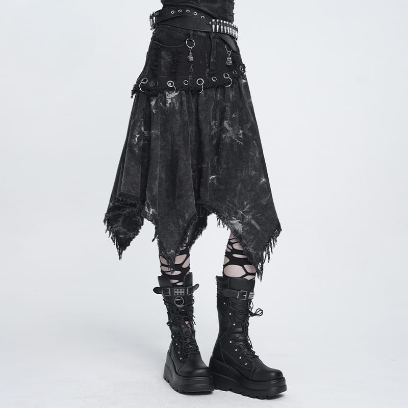DEVIL FASHION Women's Punk Eyelets Rings Raw Edge Irregular Hem Skirt
