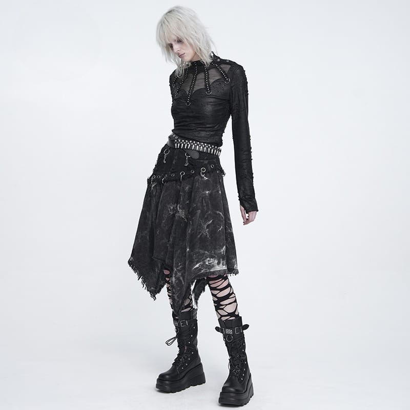 DEVIL FASHION Women's Punk Eyelets Rings Raw Edge Irregular Hem Skirt