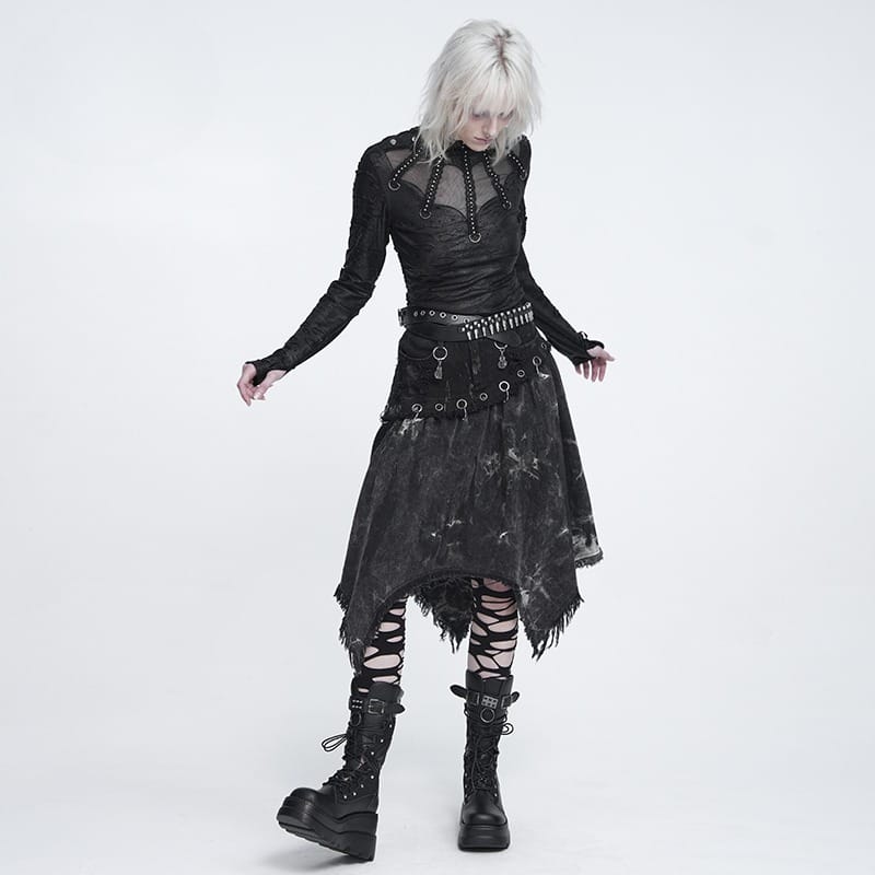 DEVIL FASHION Women's Punk Eyelets Rings Raw Edge Irregular Hem Skirt