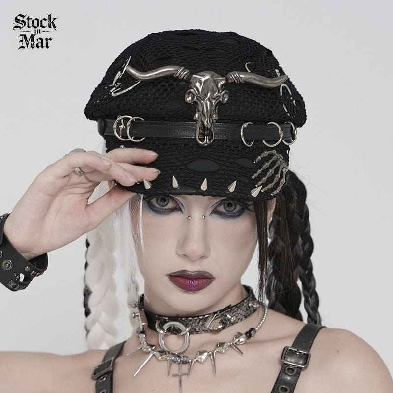 DEVIL FASHION Women's Punk Goat Skull Skeleton Hand Studded Hat