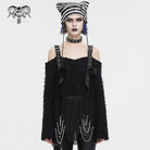 DEVIL FASHION Women's Punk Irregular Off Shoulder Fluffy Sweater