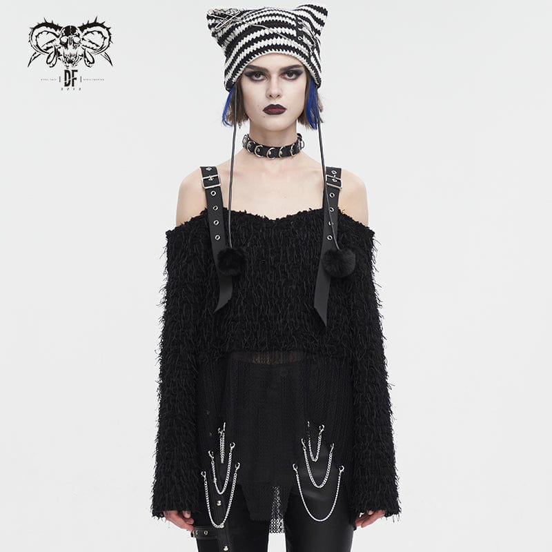 DEVIL FASHION Women's Punk Irregular Off Shoulder Fluffy Sweater