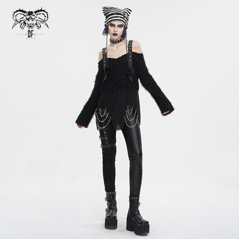 DEVIL FASHION Women's Punk Irregular Off Shoulder Fluffy Sweater