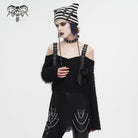 DEVIL FASHION Women's Punk Irregular Off Shoulder Fluffy Sweater