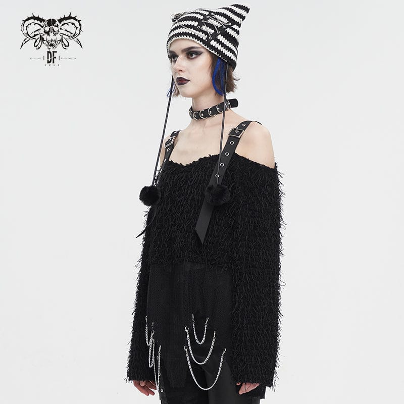 DEVIL FASHION Women's Punk Irregular Off Shoulder Fluffy Sweater