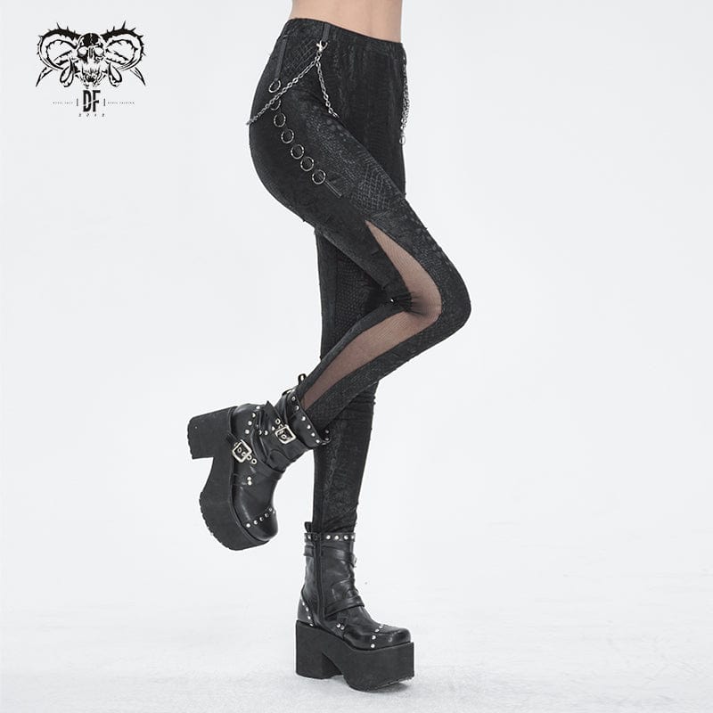 DEVIL FASHION Women's Punk Jacquard Chain Ring Sides Leggings