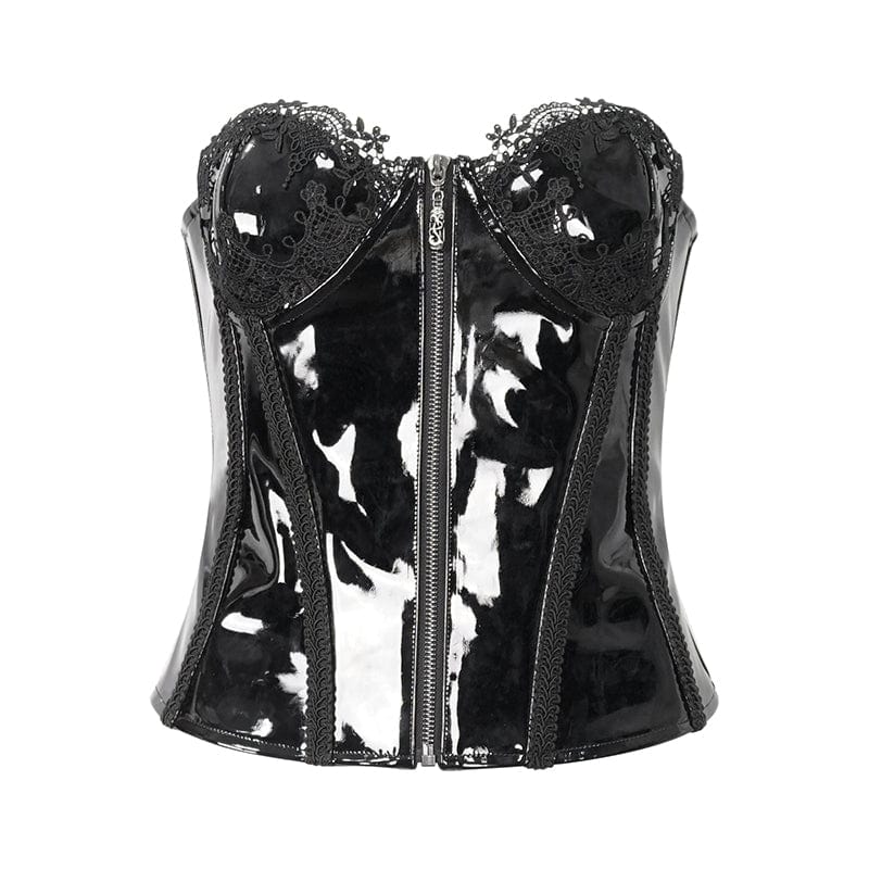 DEVIL FASHION Women's Punk Lace Splice Patent Leather Overbust Corset Black