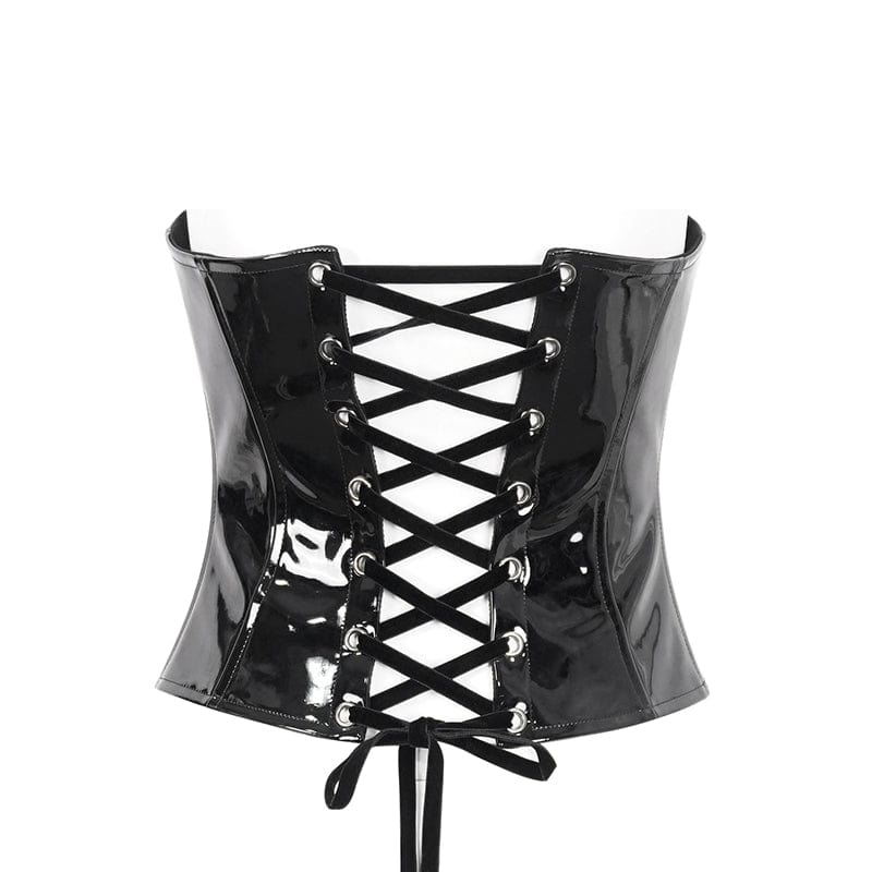 DEVIL FASHION Women's Punk Lace Splice Patent Leather Overbust Corset Black