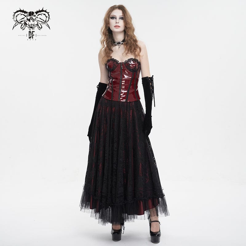 DEVIL FASHION Women's Punk Lace Splice Patent Leather Overbust Corset Red