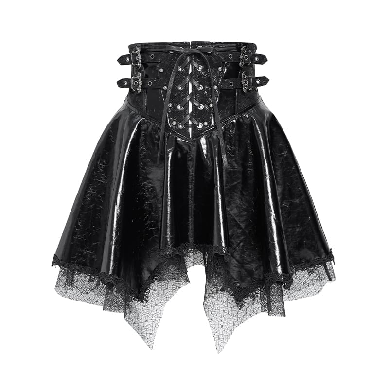 DEVIL FASHION Women's Punk Lace-up Bat Buckle Straps Asymmetric Skirt Black