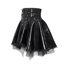 DEVIL FASHION Women's Punk Lace-up Bat Buckle Straps Asymmetric Skirt Black