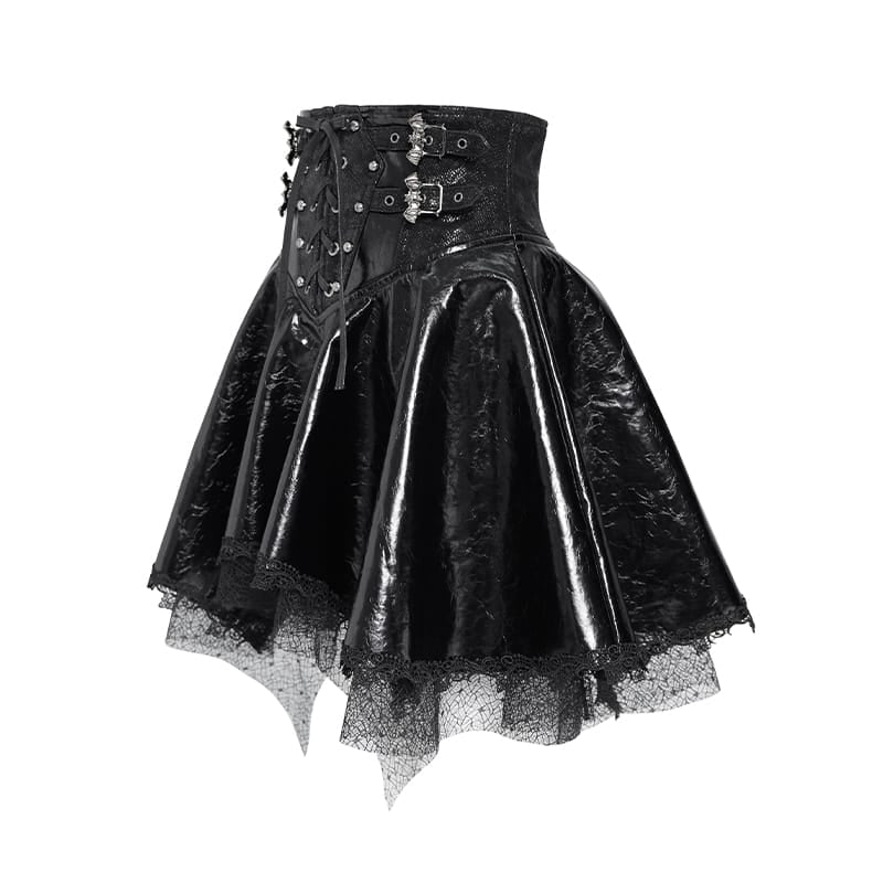 DEVIL FASHION Women's Punk Lace-up Bat Buckle Straps Asymmetric Skirt Black