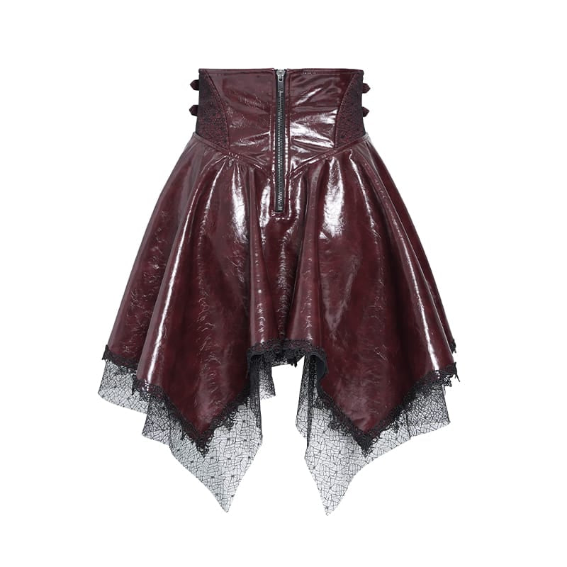DEVIL FASHION Women's Punk Lace-up Bat Buckle Straps Asymmetric Skirt Red