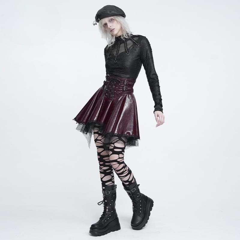 DEVIL FASHION Women's Punk Lace-up Bat Buckle Straps Asymmetric Skirt Red
