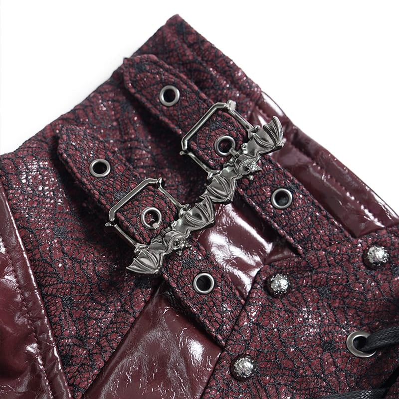 DEVIL FASHION Women's Punk Lace-up Bat Buckle Straps Asymmetric Skirt Red