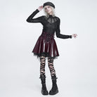 DEVIL FASHION Women's Punk Lace-up Bat Buckle Straps Asymmetric Skirt Red