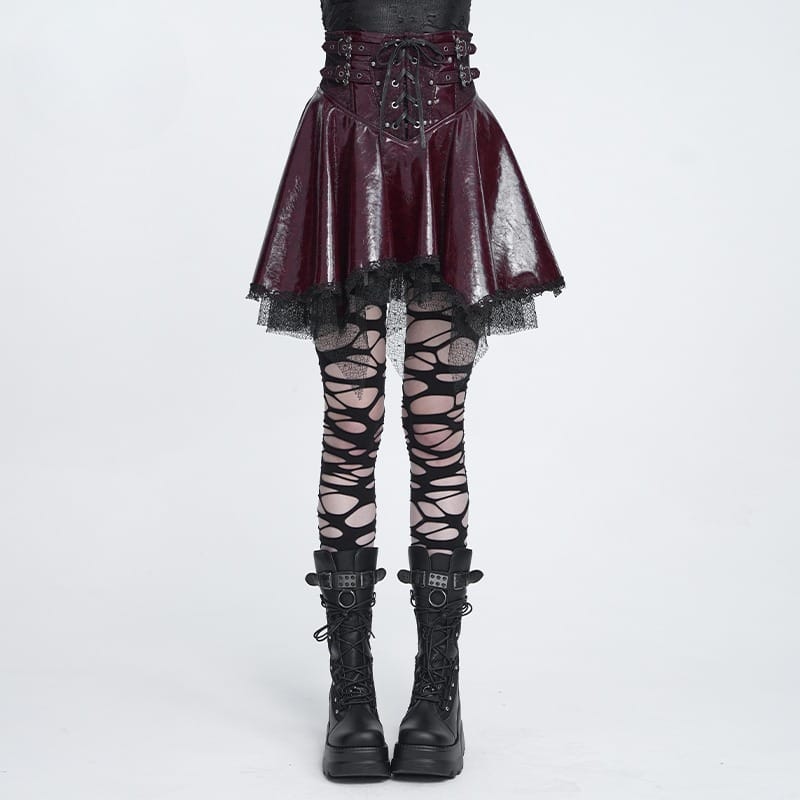 DEVIL FASHION Women's Punk Lace-up Bat Buckle Straps Asymmetric Skirt Red