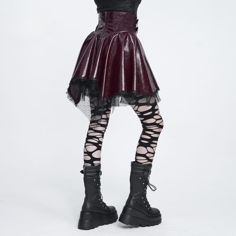 DEVIL FASHION Women's Punk Lace-up Bat Buckle Straps Asymmetric Skirt Red