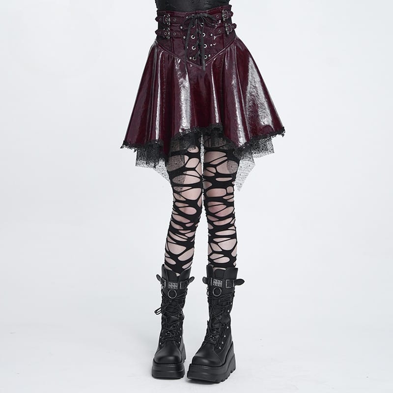 DEVIL FASHION Women's Punk Lace-up Bat Buckle Straps Asymmetric Skirt Red