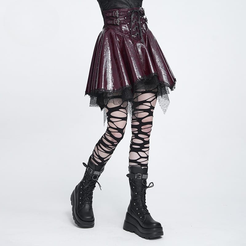 DEVIL FASHION Women's Punk Lace-up Bat Buckle Straps Asymmetric Skirt Red