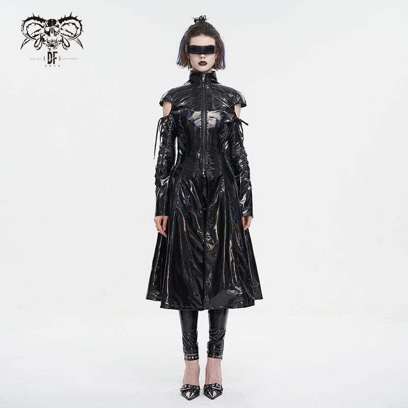 DEVIL FASHION Women's Punk Lace-up Mesh Splice Patent Leather Coat