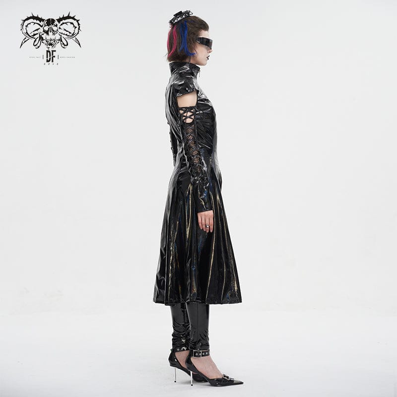 DEVIL FASHION Women's Punk Lace-up Mesh Splice Patent Leather Coat