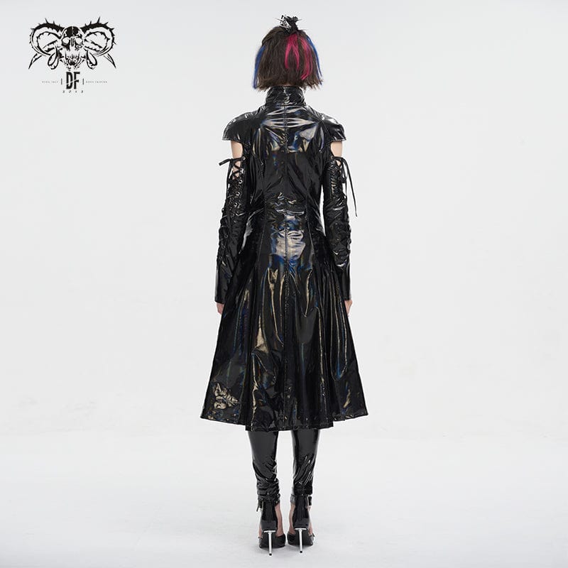 DEVIL FASHION Women's Punk Lace-up Mesh Splice Patent Leather Coat