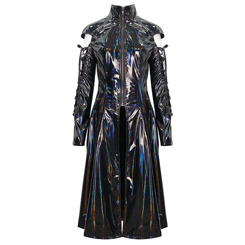 DEVIL FASHION Women's Punk Lace-up Mesh Splice Patent Leather Coat