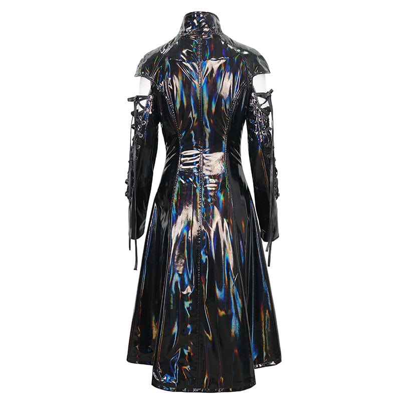 DEVIL FASHION Women's Punk Lace-up Mesh Splice Patent Leather Coat