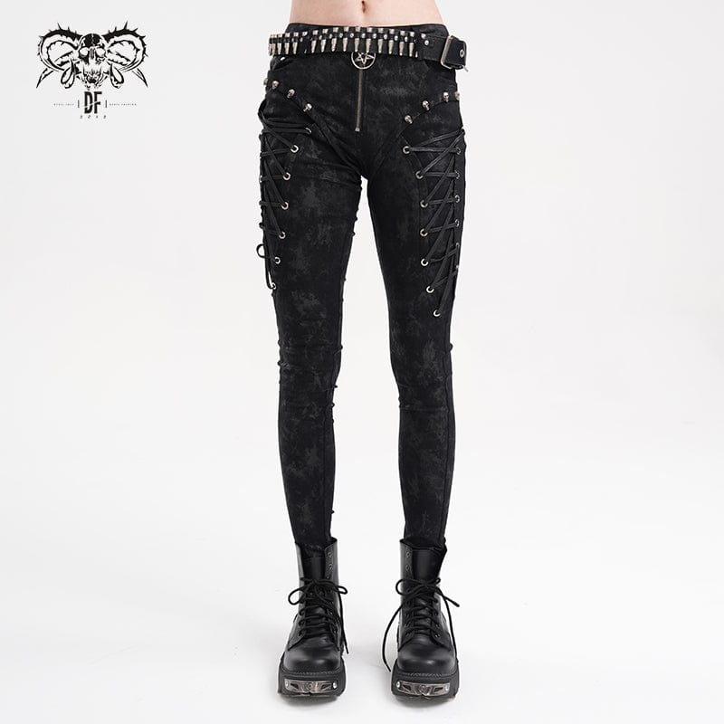 DEVIL FASHION Women's Punk Lace-up Skull Studs Pants