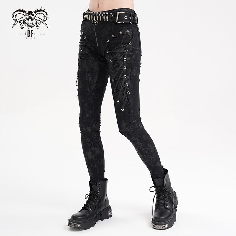 DEVIL FASHION Women's Punk Lace-up Skull Studs Pants