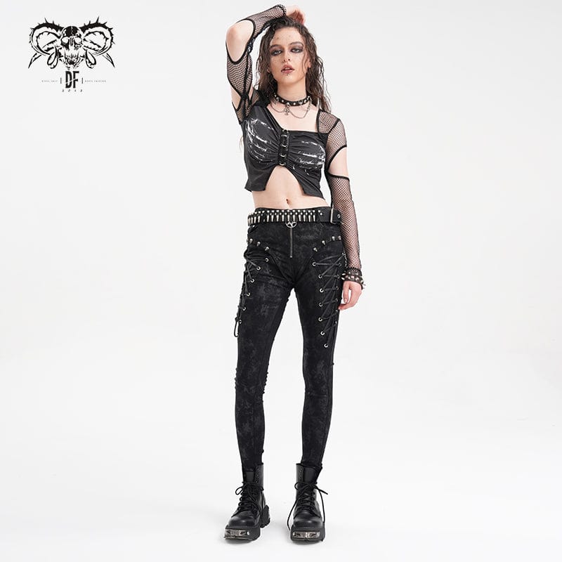 DEVIL FASHION Women's Punk Lace-up Skull Studs Pants