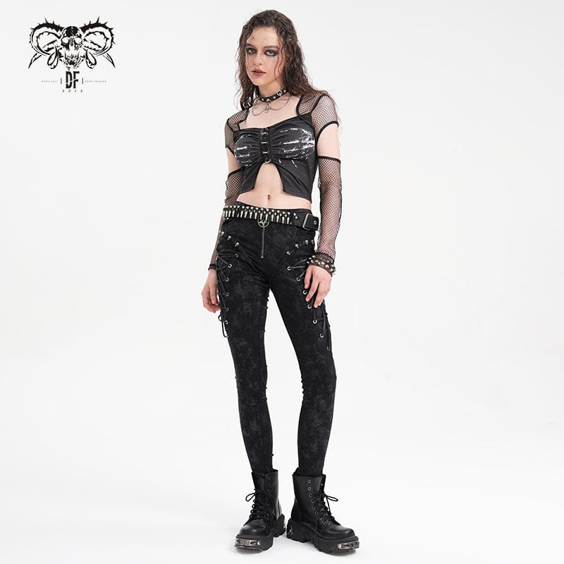 DEVIL FASHION Women's Punk Lace-up Skull Studs Pants