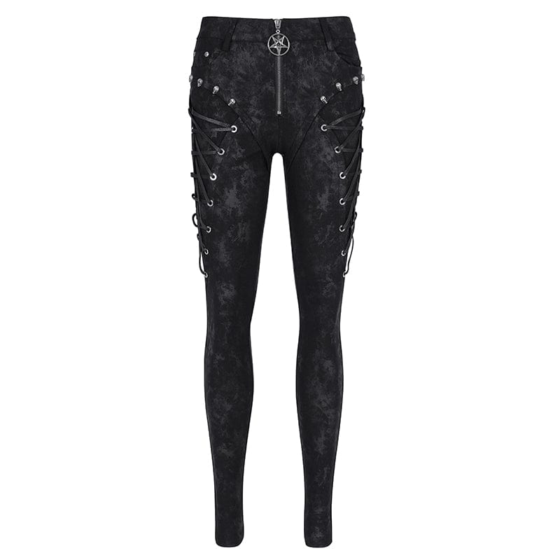 DEVIL FASHION Women's Punk Lace-up Skull Studs Pants